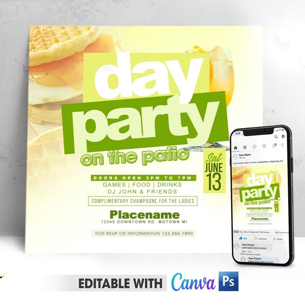 Editable Brunch Day Party Flyer, Brunch On The Patio Canva PSD Template