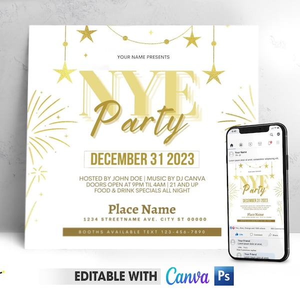 Editable New Year's Eve Party Flyer | DIY New Year Invitation | NYE Party Flyer Canva Template