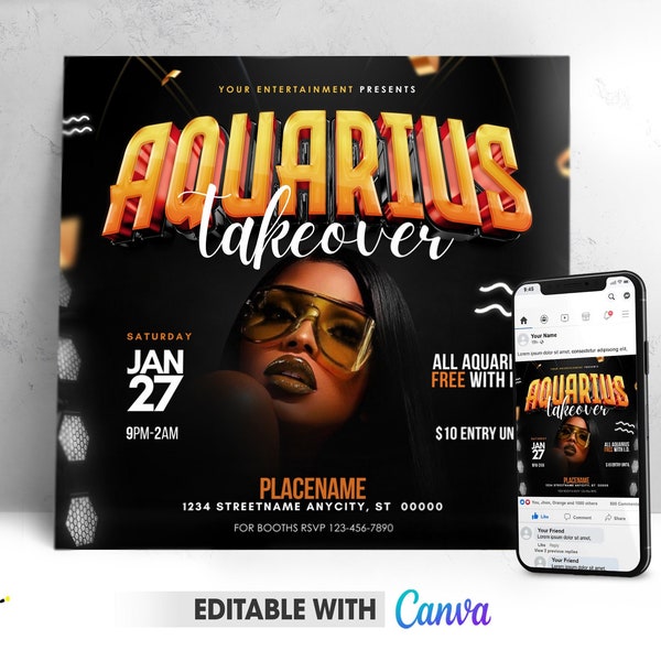 Editable Aquarius Takeover Flyer, Aquarius Bash Invitation | Aquarius Flyer Canva Club Flyer Template