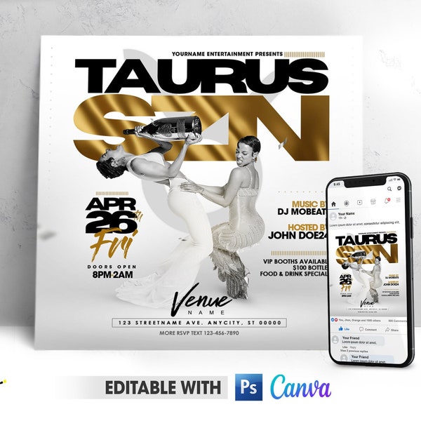 Editable Taurus Invitation Flyer, Taurus SZN Flyer, Taurus Video Flyer, Taurus Birthday Flyer Canva and Photoshop Template