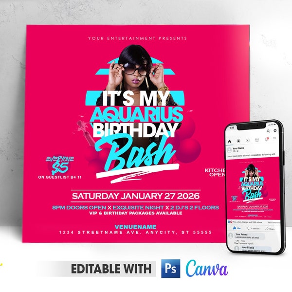 Editable Aquarius Bash Flyer, Aquarius Season Invitation | Aquarius Flyer PSD Canva Party Template