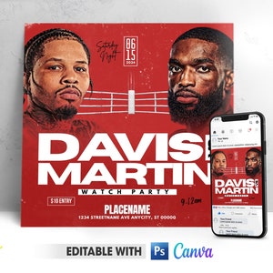 Editable Gervonta Davis vs Frank Martin Flyer | Davis Vs Martin Watch Party Flyer for Canva and Photoshop