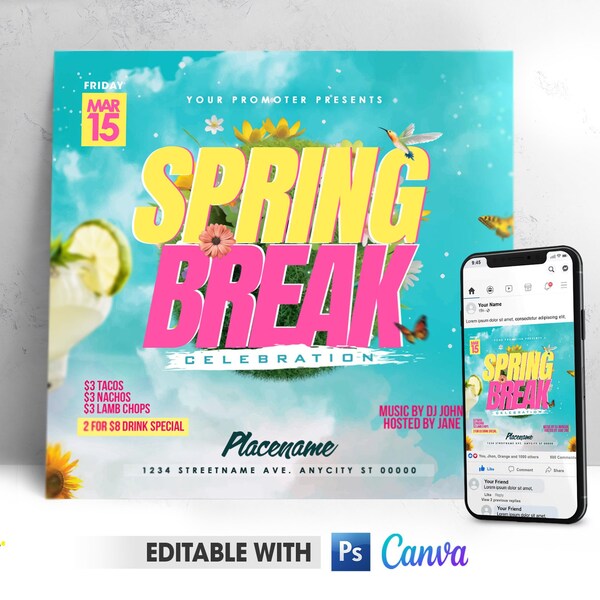 Editable Spring Break Invitation, Spring Celebration Flyer | Spring Break Canva And Photoshop Template