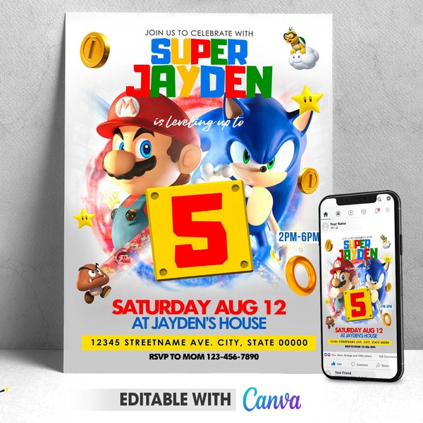 Editable Super Mario Birthday Invitation, Sonic Birthday Invitation Digital Flyer | Mario Sonic Canva Template