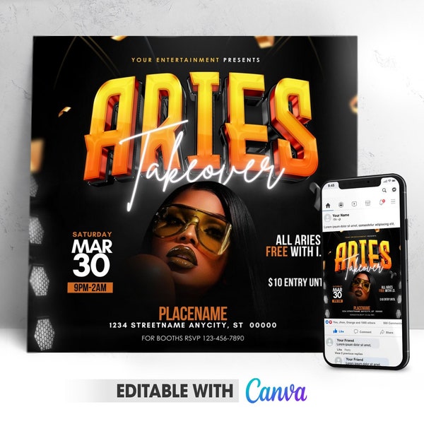 Editable Aries Flyer, Aries Birthday Flyer | Aries Invitation Canva Template