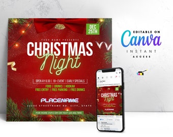 Editable Christmas Night Flyer, Christmas Party Invite, DIY Christmas Party Flyer | Christmas Canva Template