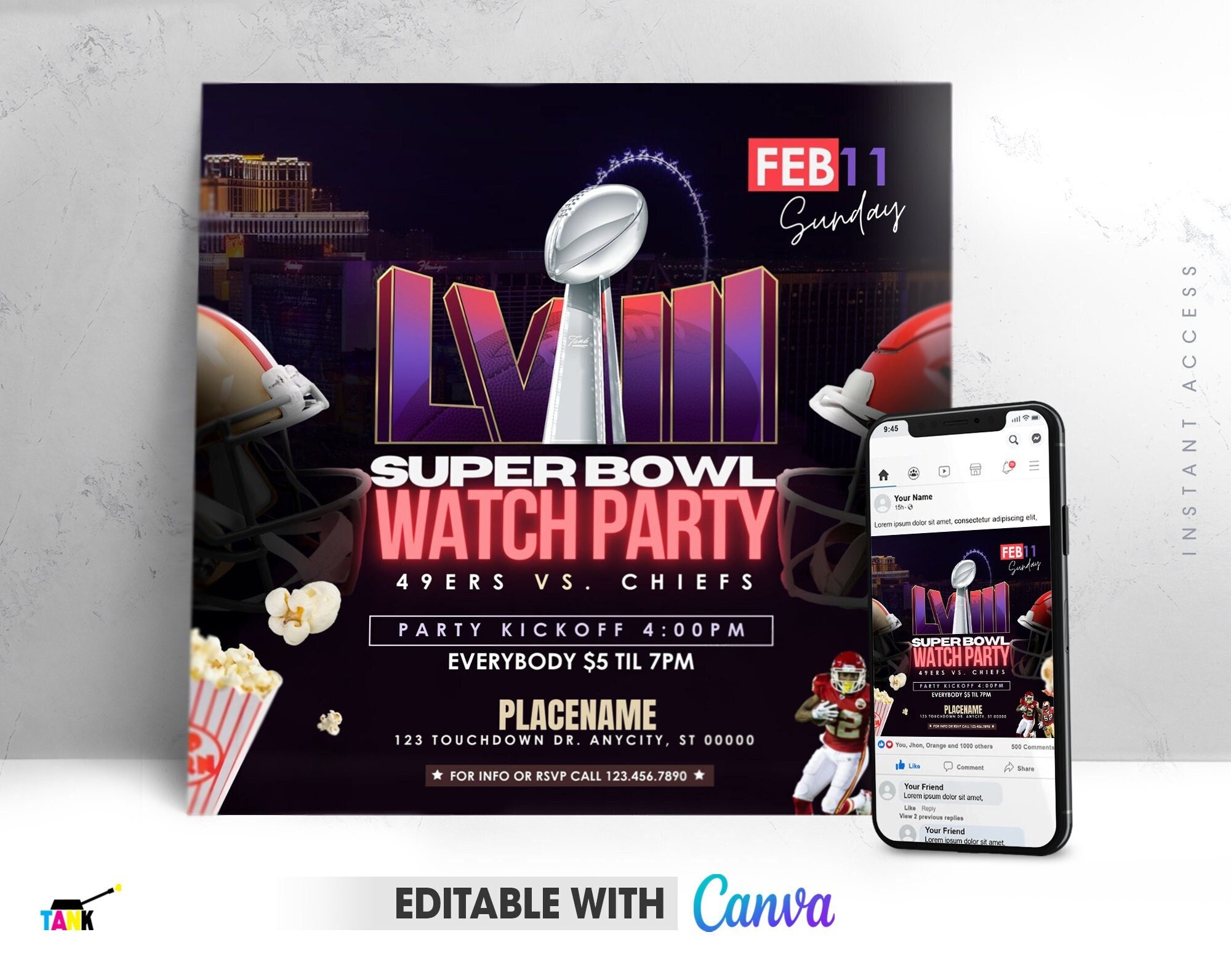 Super Bowl 2024 Flyer, Editable Super Bowl Watch Party Flyer Canva Superbowl Video Flyer