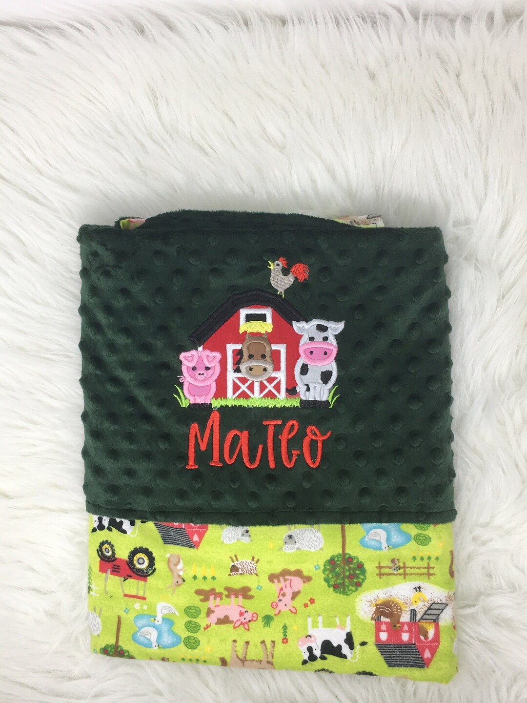 Farm Animals Blanket, Embroidered Barnyard Blanket, Farm Theme Blanket