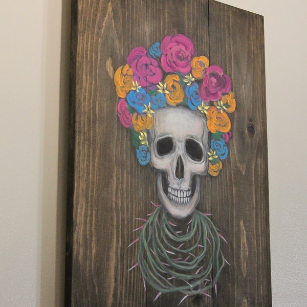 Dia De Los Muertos Day of the Dead Flowers and Thorns Acrylic Painting on Wood Canvas