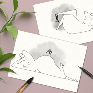 Lot de 2 grandes cartes 1 FEMME 1 HOMME ILLUSTRÉE à la main recto verso (version plume)