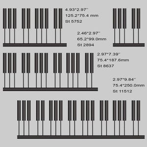 May include: A collection of black and white piano key designs. The image includes several different sizes, with measurements in inches and millimeters. The text includes the dimensions and the product codes: St 5752, St 2894, St 8637, and St 11512.
