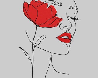 Blooming Beauty: Girl with Poppy Flower Embroidery in Multiple Sizes