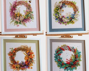 Set of 4  home decor hand-embroidered cross-stitch picture in beautiful frames with anti-glare glass 4 seasons spring summer autumn winter