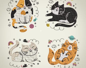 Set of 4 machine embroidery design cat  different colors for small hoops  100 mm