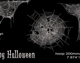 Set of 4 machine embroidery designs spider web realistic and halloween inscription 2 sizes for each design on 200 mm and 140 mm hoops