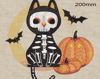 Machine embroidery design Cat skeleton halloween 2 sizes of design for hoops 200 mm and 140 mm