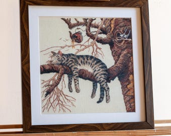 Embroidery gift walldecor hand-made cross-stitch  framed with anti-glare glass: a forest striped cat on a tree
