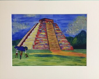 Chichén Itzá en Technicolor/ siete maravillas del mundo/ pirámide mexicana/ arte original A4