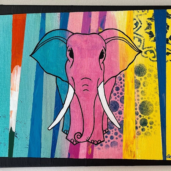 African elephant hand painted with colourful abstract background on canvas