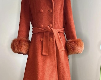 Lilli Ann 60s Rust Red Wool Coat w/ Fur Cuffs
