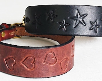 Handmade Signature Leather Terrier Tapered Collars. Softest British Leather, Solid Brass Fittings. Handstamped Pattern or Plain. 15" / 38 cm