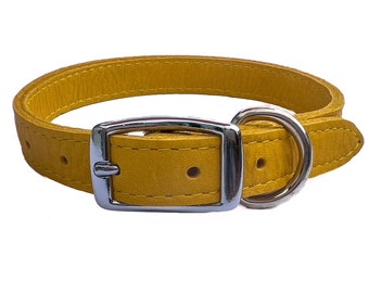 LUXE Leather Dog Collars. Fully stitched & riveted. Soft, Textured leather. Silver colour buckle, large D ring. Sizes fit all Breeds. Yellow