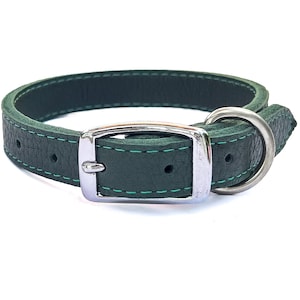 May include: A dark green leather dog collar with a silver-colored buckle and a matching D-ring. The collar has green stitching around the edges. The collar is approximately 1 inch wide.
