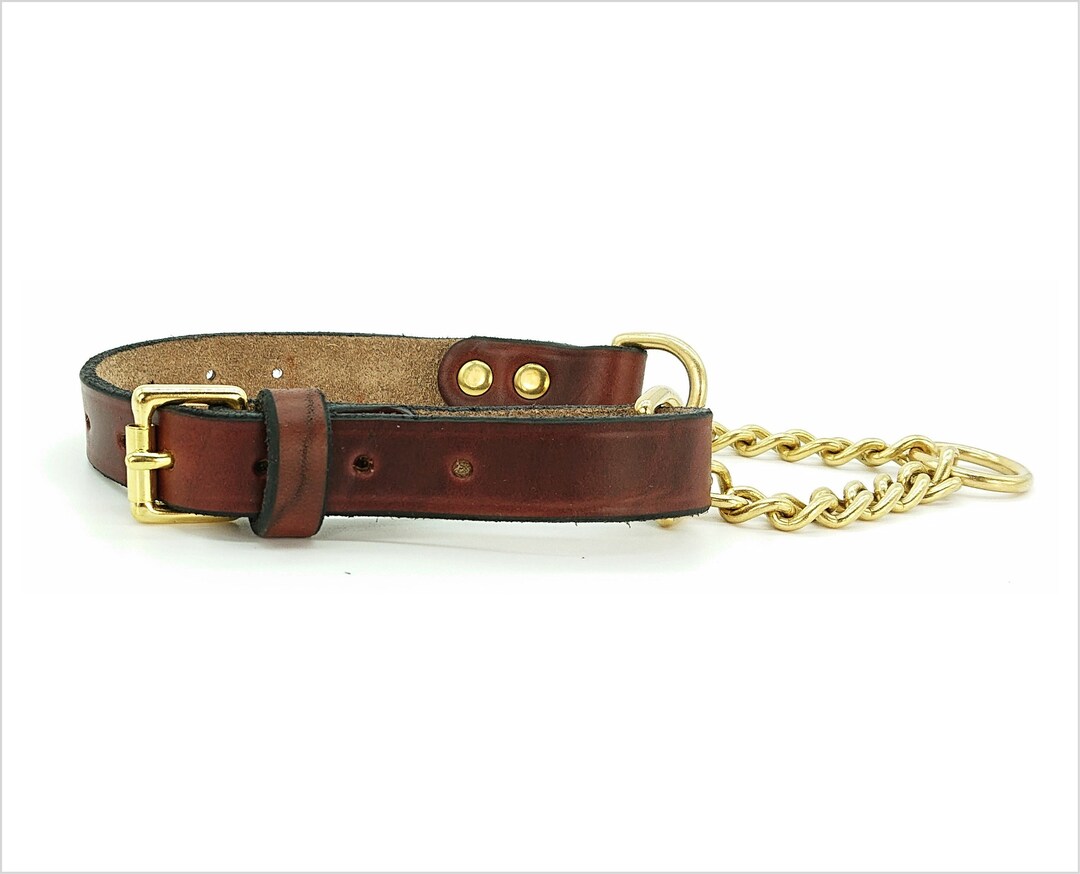 Signature Leather Half Check Dog Collars. Softest British Leather, Solid Brass Chain. Adjustable