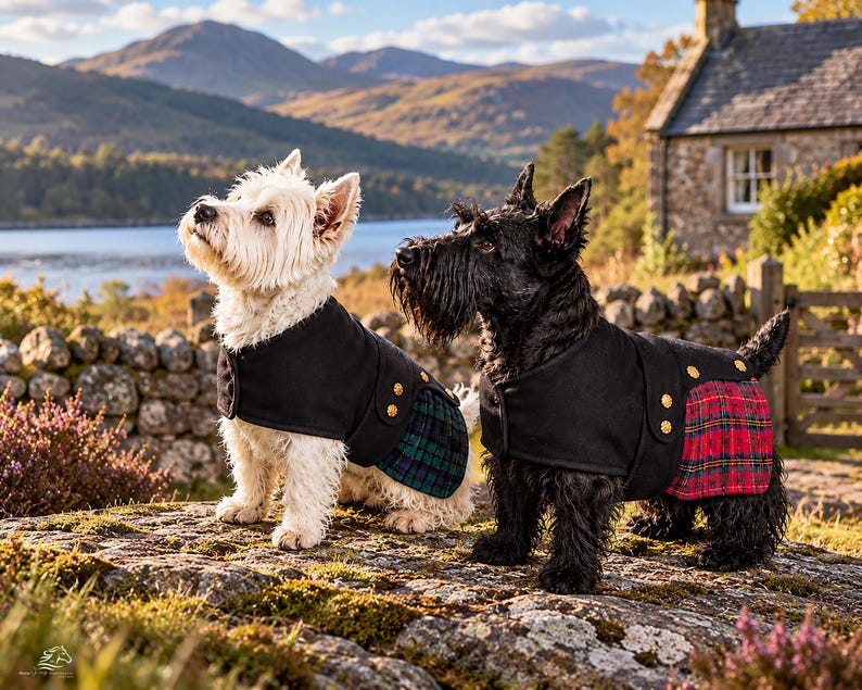 May include: A white West Highland White Terrier and a black Scottish Terrier wearing black coats with gold buttons. The white dog wears a green and blue plaid skirt, while the black dog wears a red and green plaid skirt over their backs.