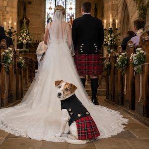 May include: A small dog wearing a black vest with gold buttons and a red, green, and black plaid kilt. The dog is sitting on the long white lace train of a wedding dress in a church aisle, with a person in a kilt standing in the background.
