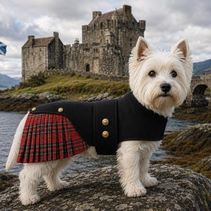 Może przedstawiać: Biały pies rasy West Highland White Terrier ubrany w czarny płaszcz z czerwoną, plisowaną częścią w szkocką kratę. Płaszcz posiada złote guziki z boku i na plecach, zapewniając psu dopasowany krój, który zakrywa tułów zwierzęcia.