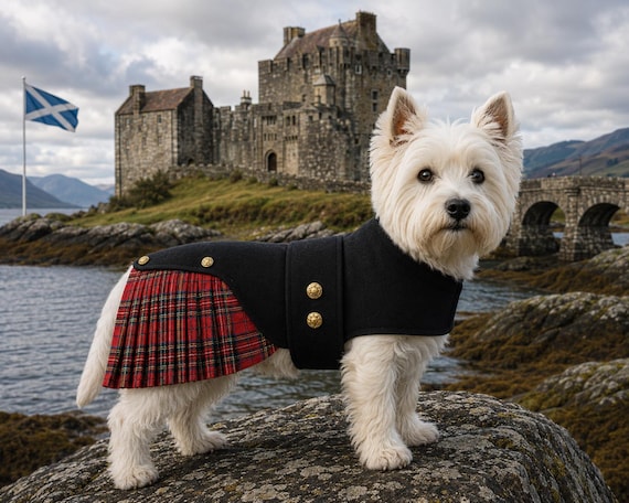 Tartan Plaid Dog Kilts. Weddings, Hogmanay and Burns Night. Hand Pleated. Red Stewart. Coat, Jacket