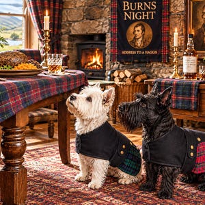 May include: A white West Highland White Terrier and a black Scottish Terrier wearing black coats with gold buttons and tartan panels. The white dog wears a green and blue tartan panel, while the black dog wears a red and green tartan panel.
