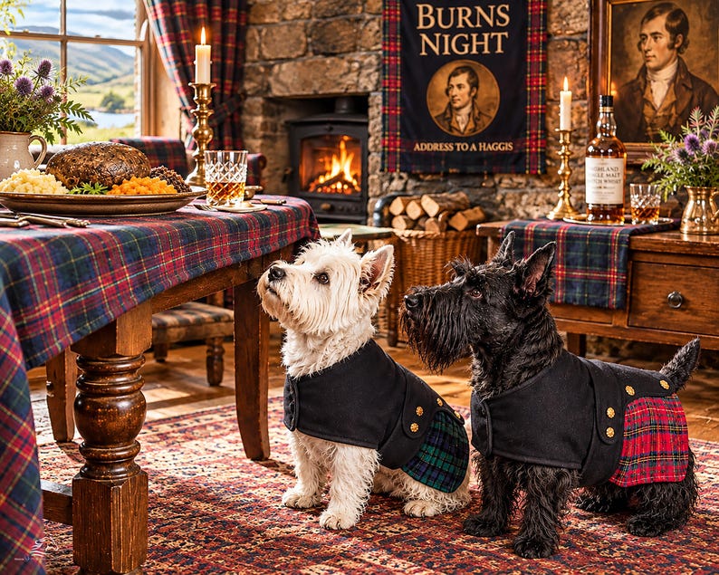 May include: A white West Highland White Terrier and a black Scottish Terrier wearing black coats with gold buttons and tartan panels. The white dog wears a green and blue tartan panel, while the black dog wears a red and green tartan panel.