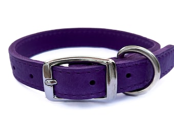 LUXE Leather Dog Collars. Fully stitched & riveted. Soft, Textured Leather. Silver colour buckle, large D ring. Sizes fit all Breeds. Purple