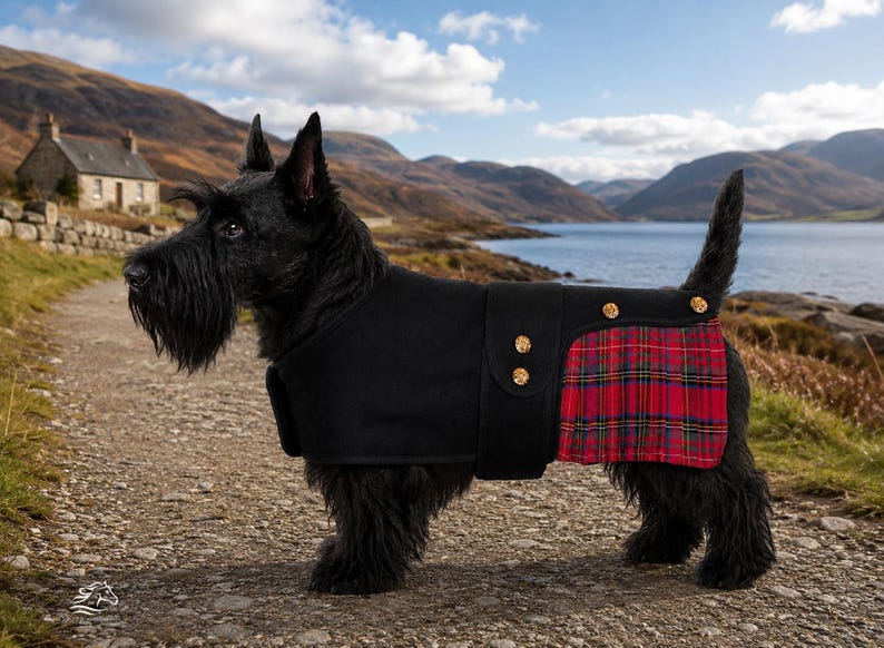 May include: A black Scottish Terrier dog wearing a black coat with a red, green, and blue tartan plaid panel on the rear. The coat features a wide black strap across the midsection secured with four gold-toned buttons along the side and back.