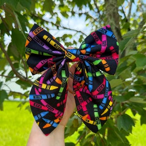 Back to School Rainbow Crayon Cotton Hair Bow with French Barrette Clip | First Day of School Hair Bow Clip | Teacher Hair Bow | School Bow