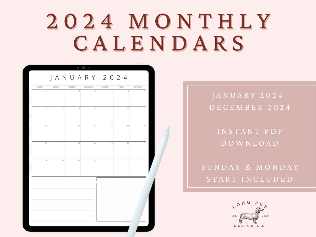 Digital 2024 Dated Monthly Calendars, Minimalist Design, Instant PDF