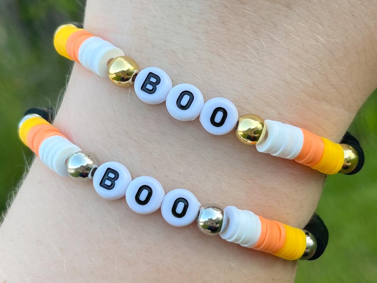 thumbnail image 2 of Fiona® Painted Jewelry Halloween Ghost Boo Bracelet – Black Glass Beads, Stretch Fit, 7.5 Inches, Handmade, Women’s Gift 2 of 5