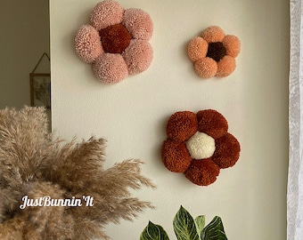 Boho Decor Bedroom Shelf Wall Decor, Set of 3 Pom Pom Flowers, Retro Wall Art, Groovy Classroom Decor, Flower Wall Art, 70s Style Decor Art