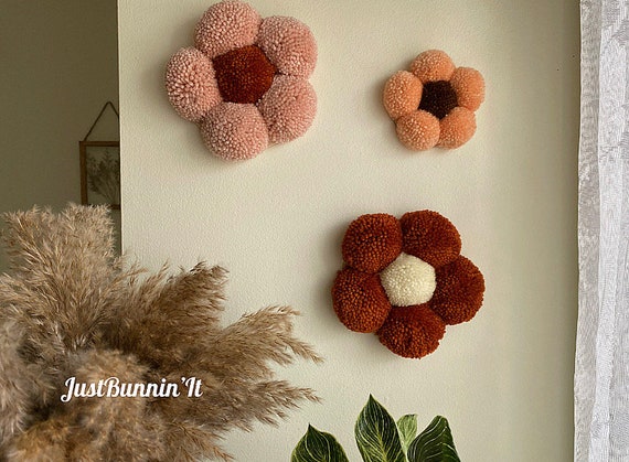 Boho Decor Bedroom Shelf Wall Decor, Set of 3 Pom Pom Flowers, Retro Wall Art, Groovy Classroom Decor, Flower Wall Art, 70s Style Decor Art