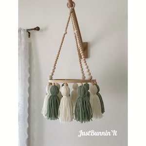 Sage and Ivory Tassel Baby Mobile, Green Neutral Nursery Decor, Boho Baby Mobile, Boho Nursery Decor Boy, Beaded Bamboo Tassel Baby Mobile