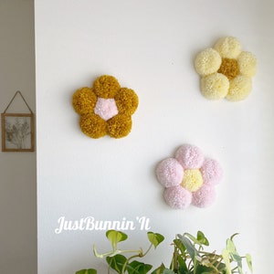 Boho Wall Decor Flowers The Original Pom Pom Flower Wall Hanging, Cozy Home Decor, 70s Decor, Boho Nursery Decor Girl, Retro Home Decor