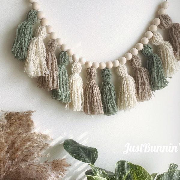 Frilly Sage Green Boho Tassel Garland, Boho Nursery Decor Neutral, Sage Green Wall Decor, Boho Wall Decorations, Sage Nursery Decor Garland