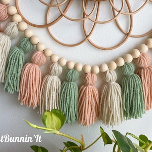 Blush and Sage Boho Nursery Decor Girl, Pink and Green Baby Shower Garland, Boho Wall Decor Bedroom, Sage Green Decor Tassel Garland