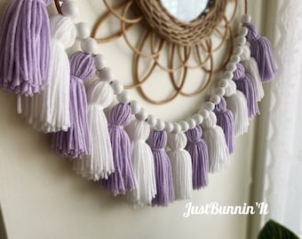 Lavender & White Tassel Garland, Lavender Nursery Decor Girl Purple Baby Shower Decor, Boho Wall Decor Girls Bedroom Wall Hanging Wall Art