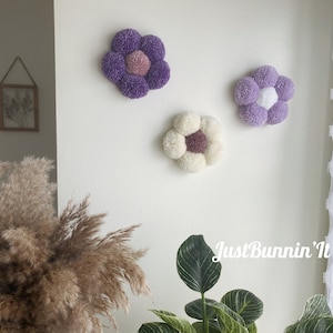 Purple Nursery Decor Wall Art, Boho Pom Pom Flowers, Purple Bedroom Decorations, Flower Wall Art, Set of 3 Flowers, Boho Shelf Decorations