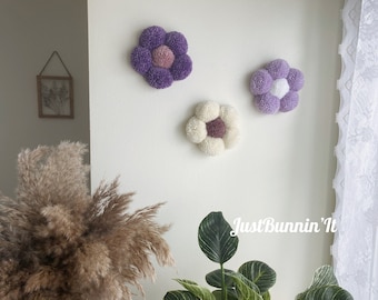 Purple Nursery Decor Wall Art, Boho Pom Pom Flowers, Purple Bedroom Decorations, Flower Wall Art, Set of 3 Flowers, Boho Shelf Decorations