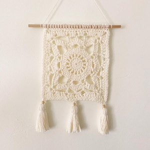 Crochet Wall Hanging with Tassels / Granny Square Tapestry / Neutral Wall Art / Textured Fiber Art Wall Hanging