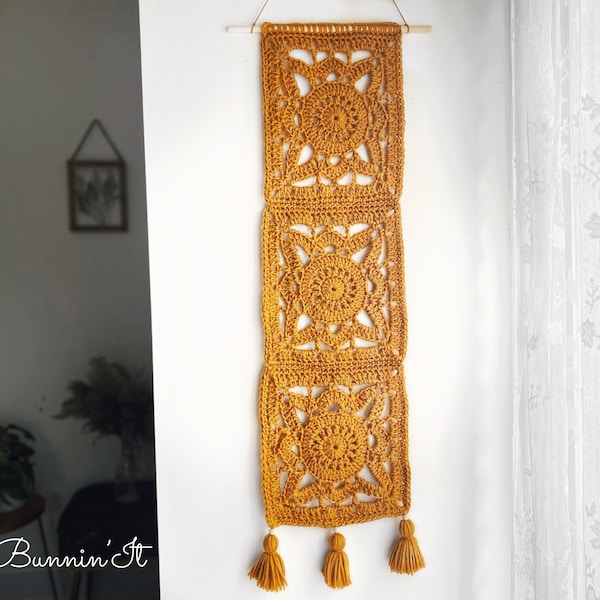 Boho Mustard Ochre Wall Hanging Crochet / Gold Narrow Textured Fiber Art / Long Tapestry with Tassels / Mustard Wall Art